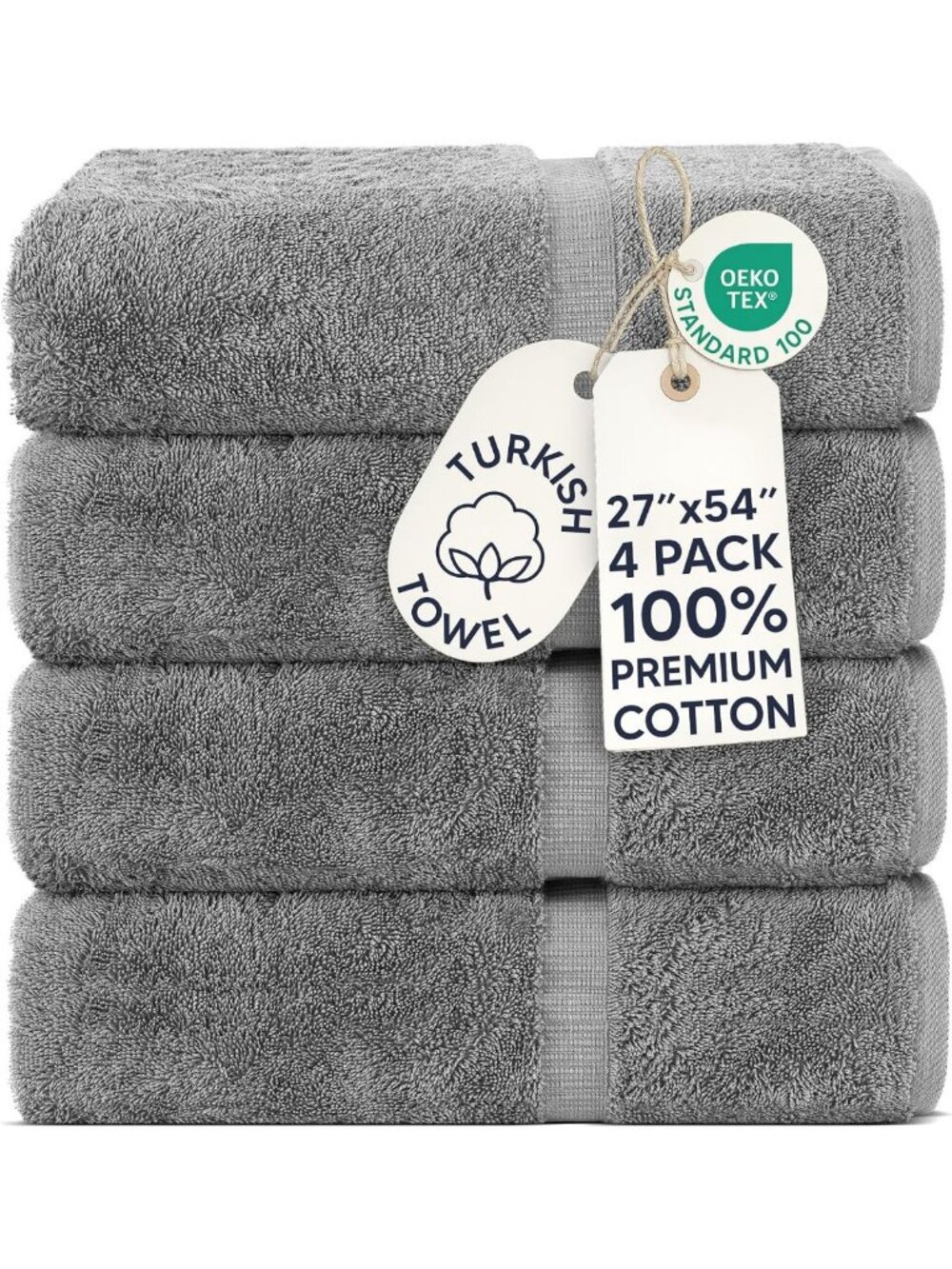 Soft 100% Cotton Gray Bath Towels - 4-Pack, Extra Absorbent, Quick-Dry, 27x54